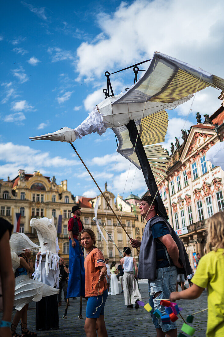 Parade of puppets from Marián Square to Old Town Square during the Prague Street Theatre Festival Behind the Door, Prague, Czech Republic