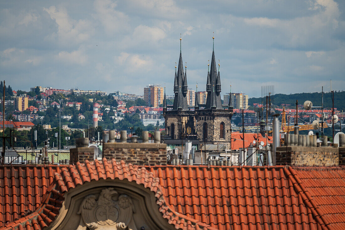 View of the city from the rooftop bar at The Dancing House, or Ginger and Fred (Tancící dum), is the nickname given to the Nationale-Nederlanden building on the Rašínovo nábreží in Prague, Czech Republic