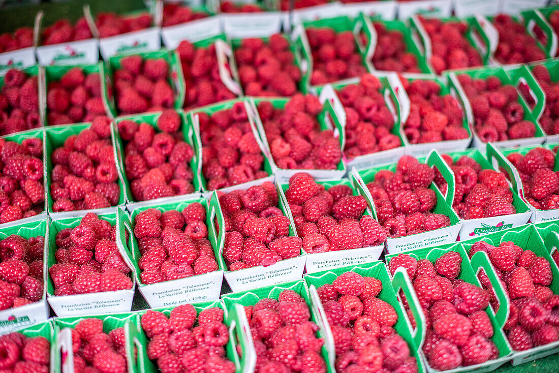 Nahaufnahme von frischen Himbeeren in grünen Kartons auf einem Markt in Vannes, Bretagne, Frankreich, die auf Frische und lokale Produkte hinweisen.