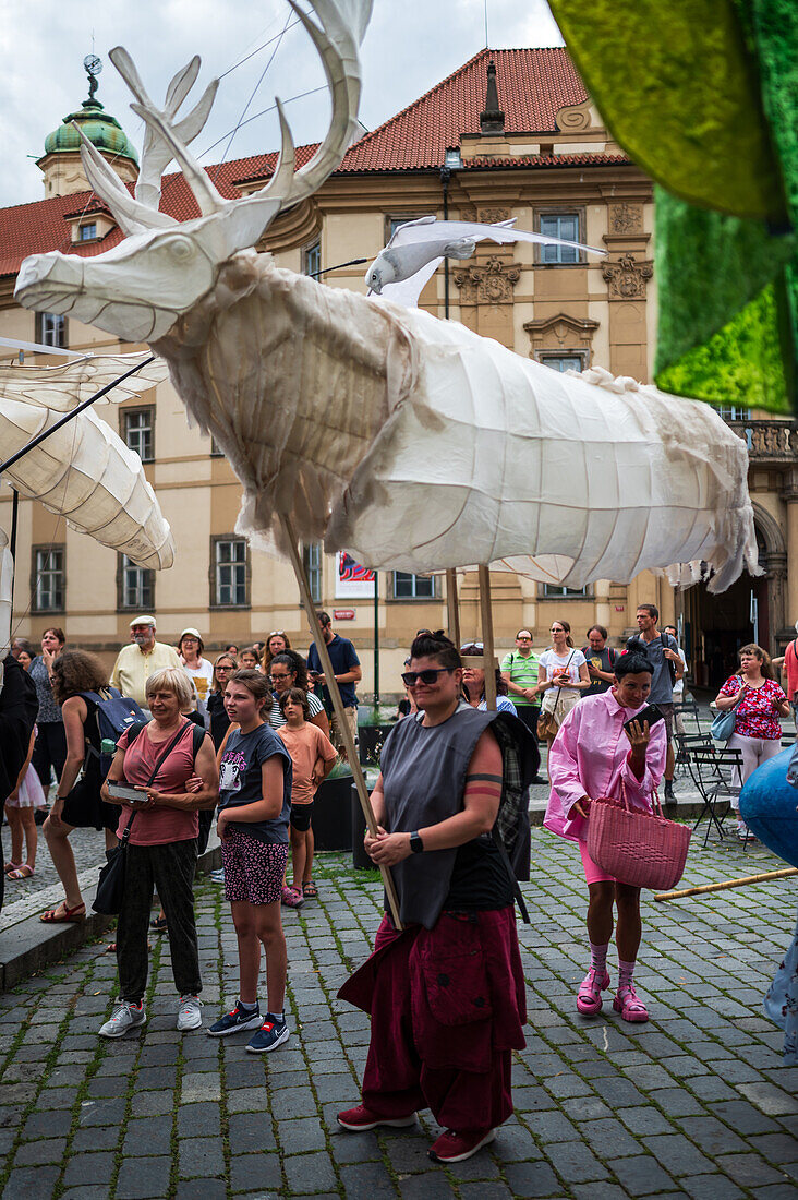 Parade of puppets from Marián Square to Old Town Square during the Prague Street Theatre Festival Behind the Door, Prague, Czech Republic