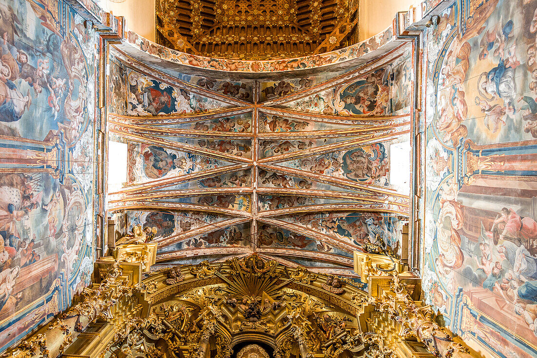 Detailed fresco artwork on the ceiling of Iglesia de la O in Sanlucar de Barrameda, Cadiz. Beautiful Baroque style architecture.