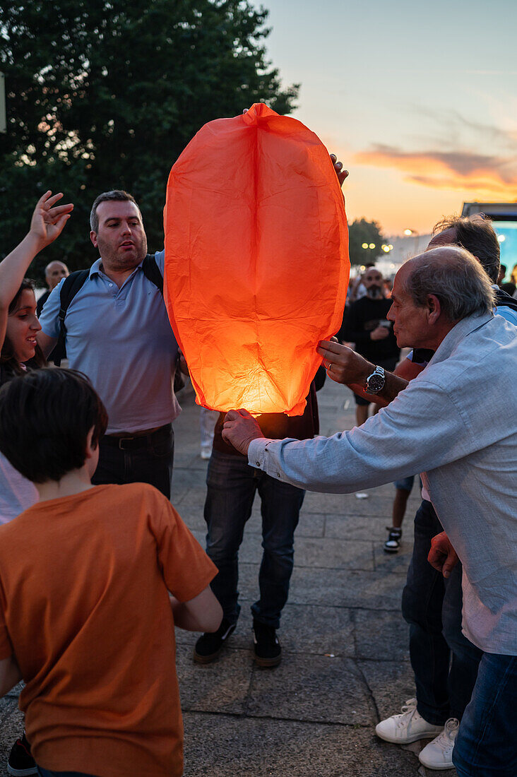 Hot air balloons launching during Festival of St John of Porto (Festa de São João do Porto ) during Midsummer, on the night of 23 June (Saint John's Eve), in the city of Porto, Portugal