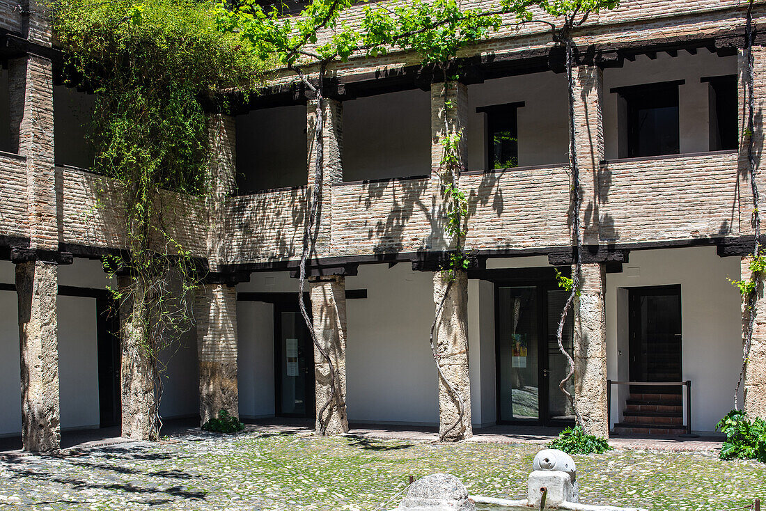 A peaceful courtyard scene of Corral del Carbon, a historic public building in Granada, Andalusia, Spain. Features rustic architecture and greenery.