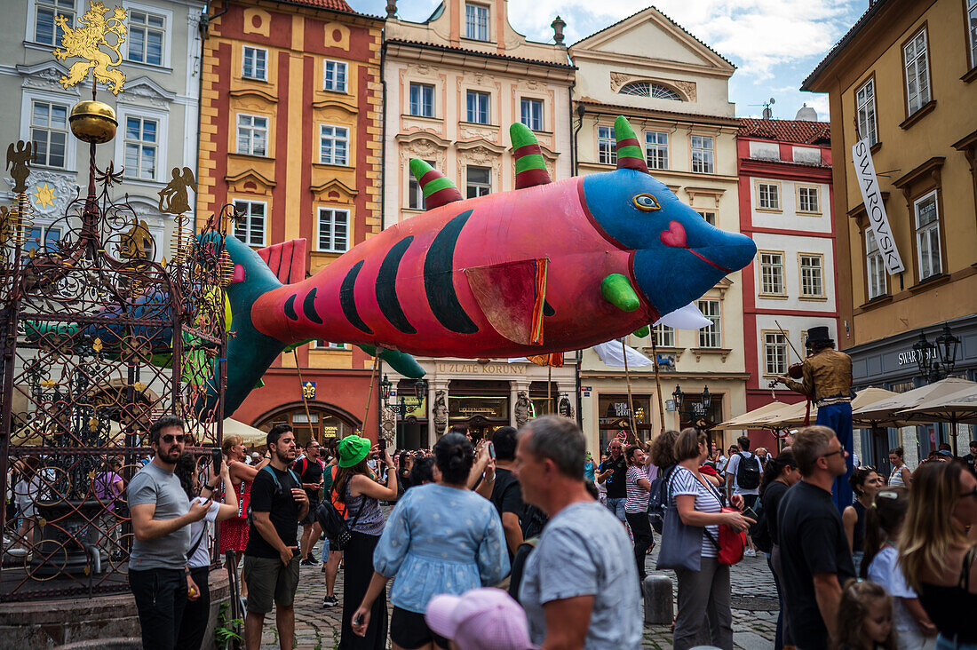 Parade of puppets from Marián Square to Old Town Square during the Prague Street Theatre Festival Behind the Door, Prague, Czech Republic