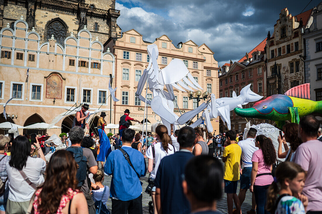 Parade of puppets from Marián Square to Old Town Square during the Prague Street Theatre Festival Behind the Door, Prague, Czech Republic