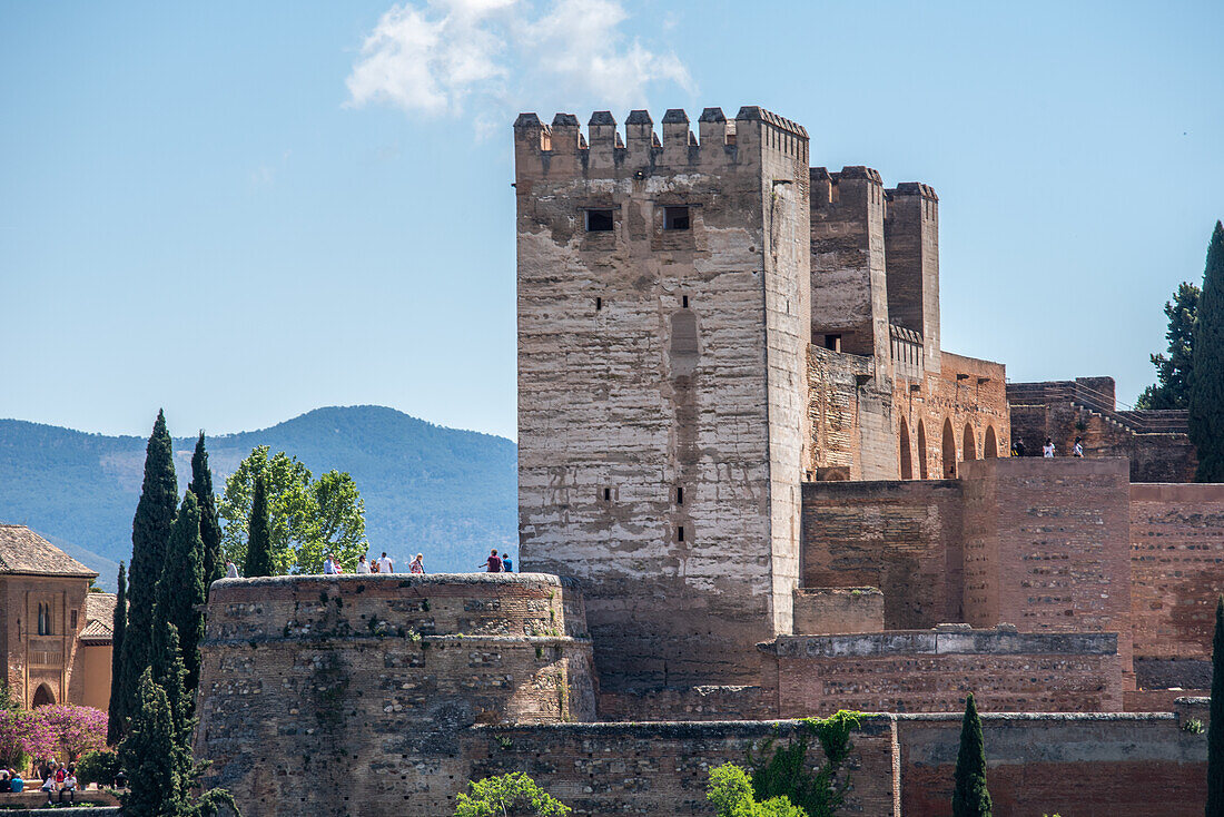 A majestic view of the Alhambra fortress, an iconic historic monument in Granada, Andalusia, Spain, surrounded by lush greenery and set against a mountainous backdrop.