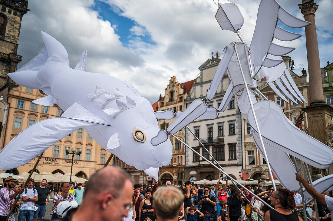 Parade of puppets from Marián Square to Old Town Square during the Prague Street Theatre Festival Behind the Door, Prague, Czech Republic