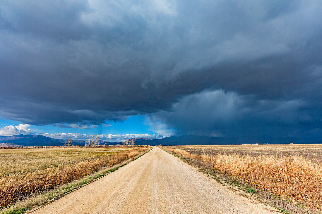 Gewitterwolken über einer leeren unbefestigten Straße in ländlicher Umgebung