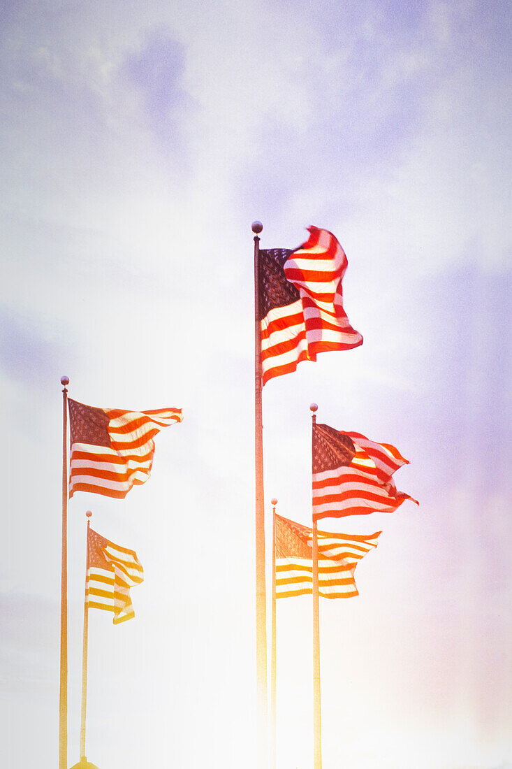 American flags blowing on wind against sky at sunset