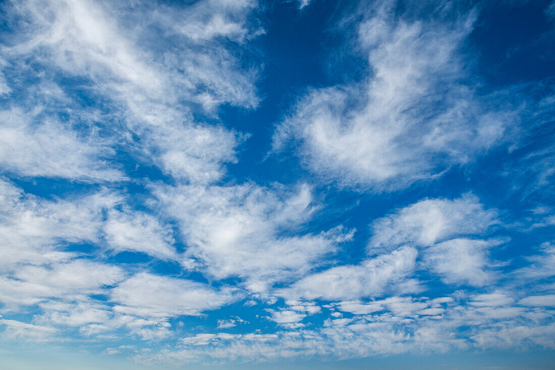 Weiße Schäfchenwolken vor blauem Himmel