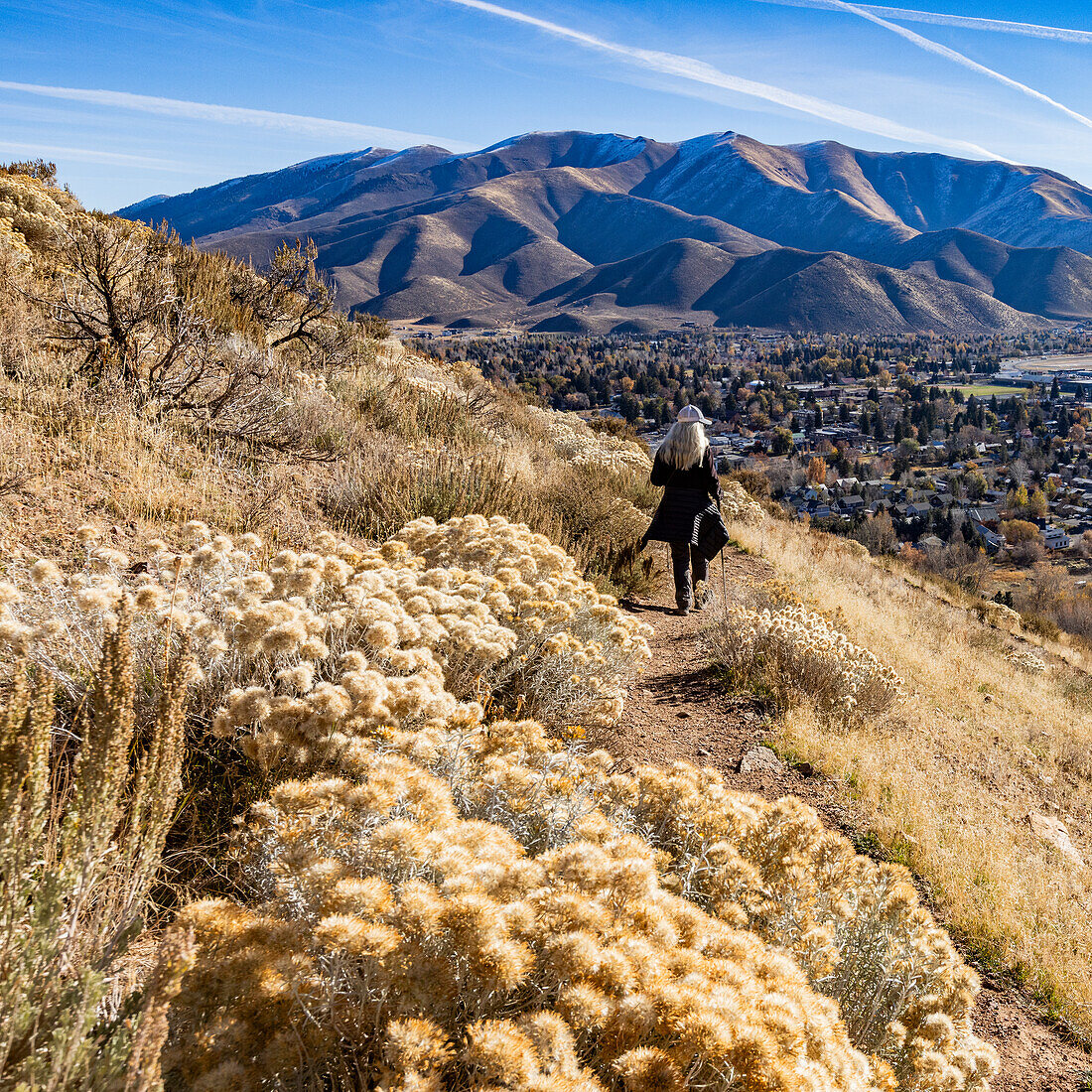 Rear view of woman hiking on Carbonate Mountain trail