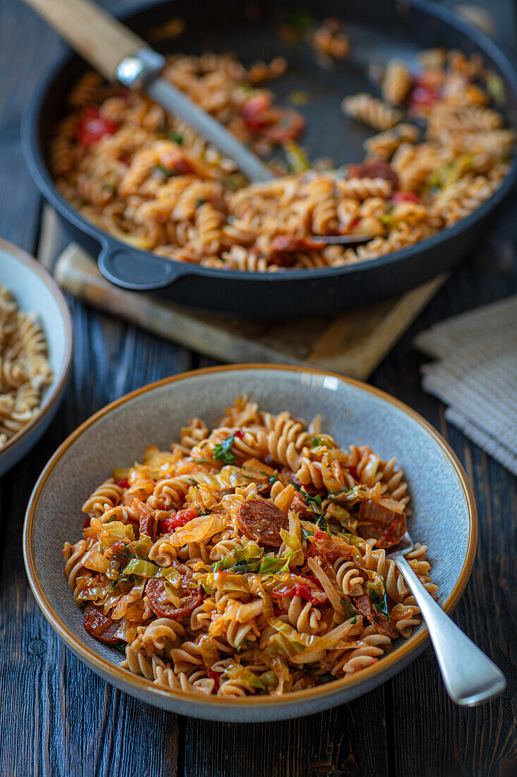 Pasta with chorizo and cabbage