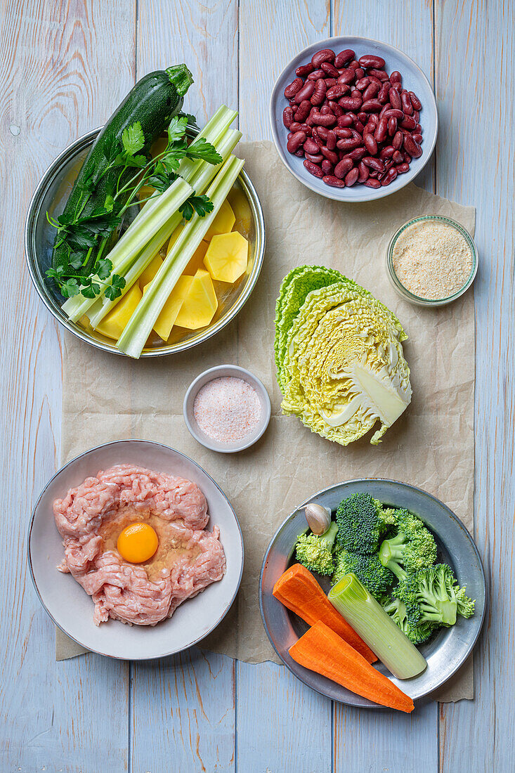 Ingredients for minestrone with chicken balls and kidney beans