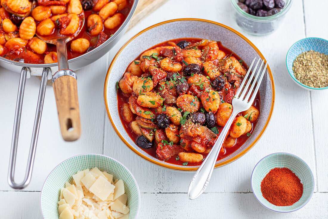 Gnocchi mit Tomatensauce, Zucchini und Oliven