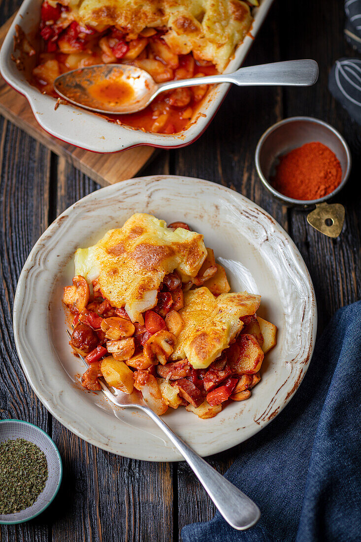 Potato and sausage casserole with vegetables