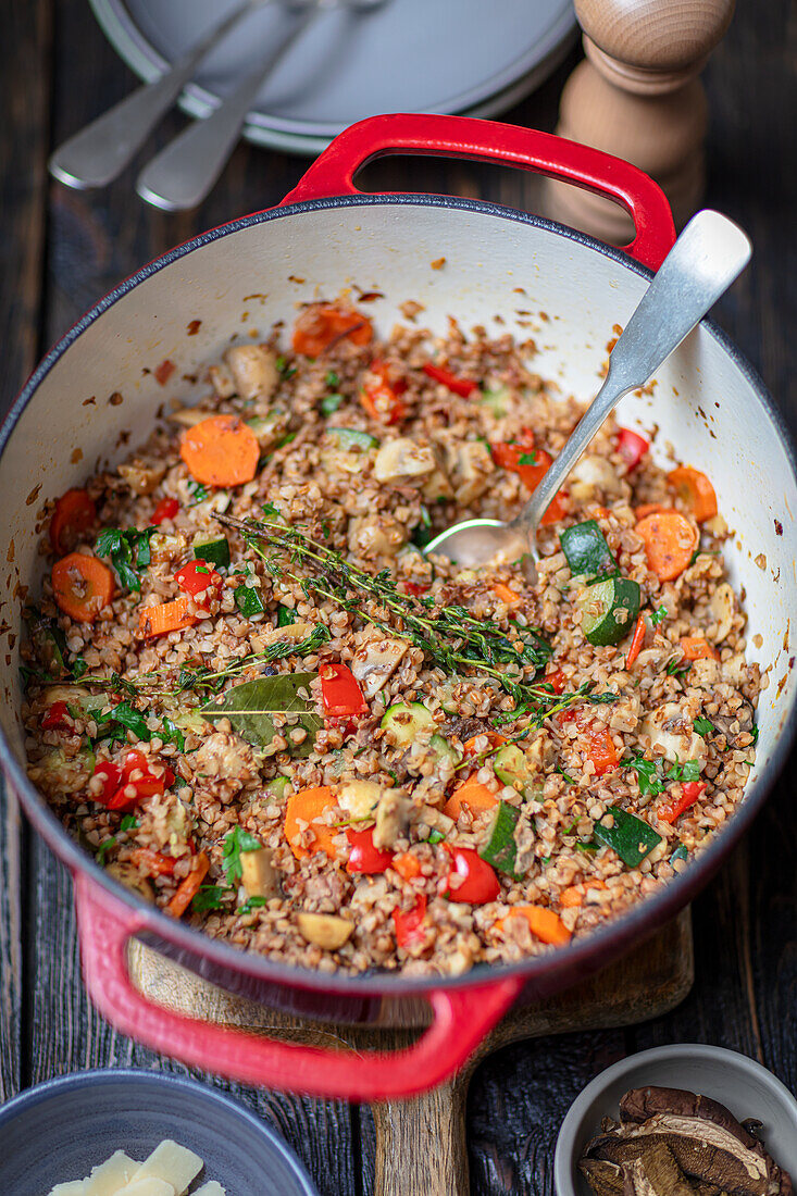 Buckwheat with vegetables and bacon