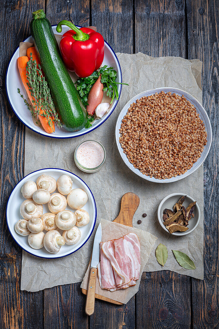 Ingredients for buckwheat with vegetables and bacon