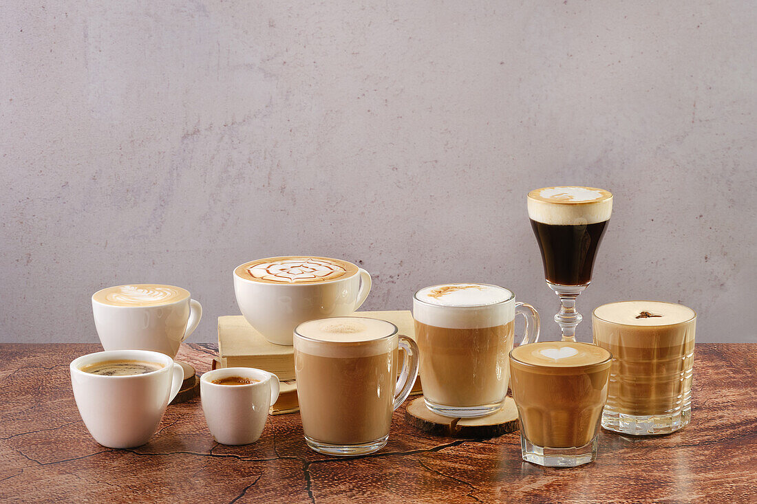 Various coffee specialities in cups and glasses