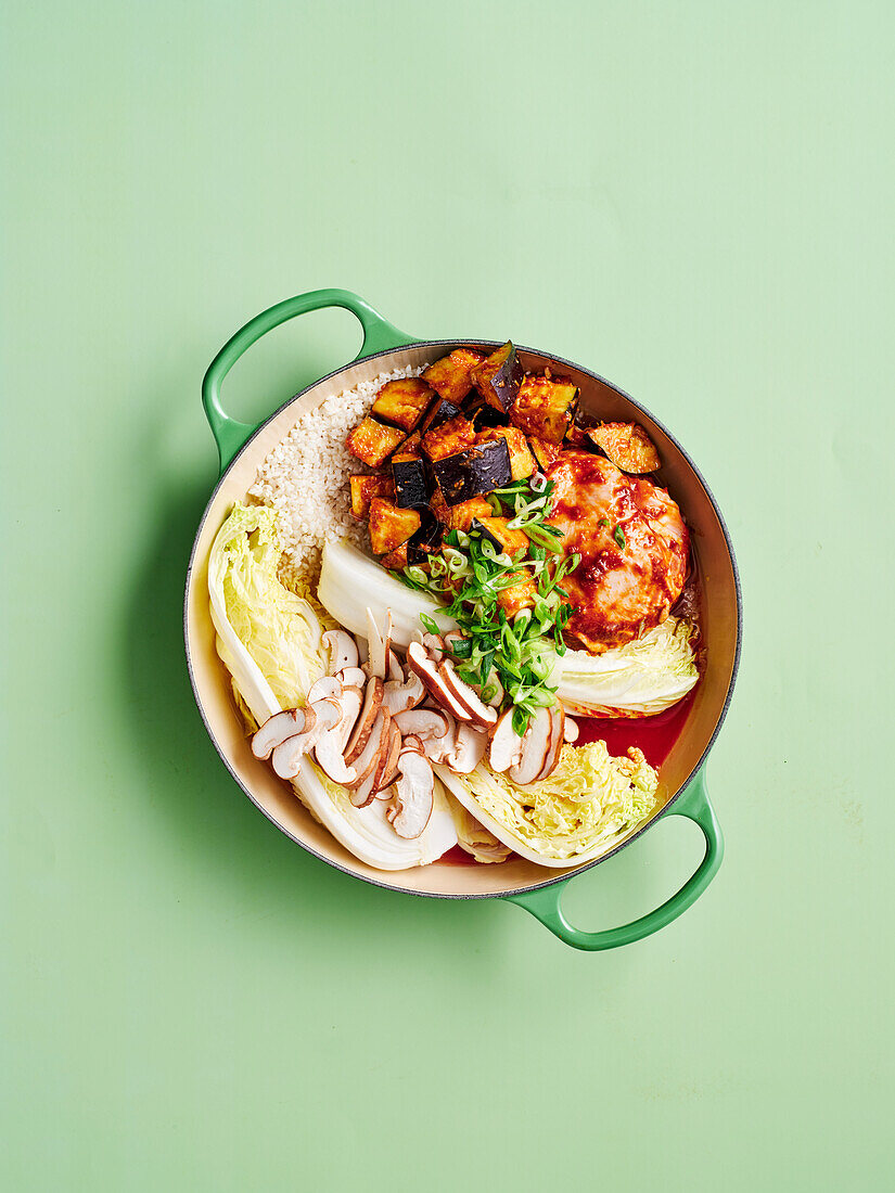 Ingredients for Korean oven chicken with rice and kimchi