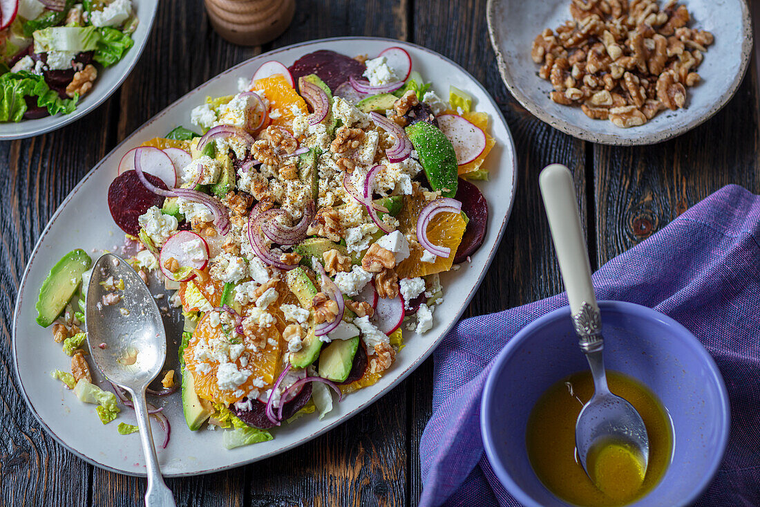 Salad with beet, oranges, avocado and feta