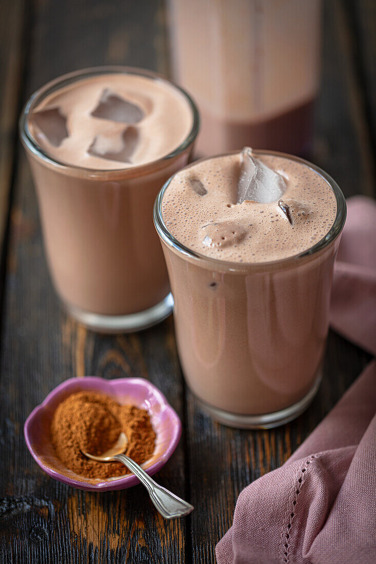 Chocolate milkshake with ice cubes