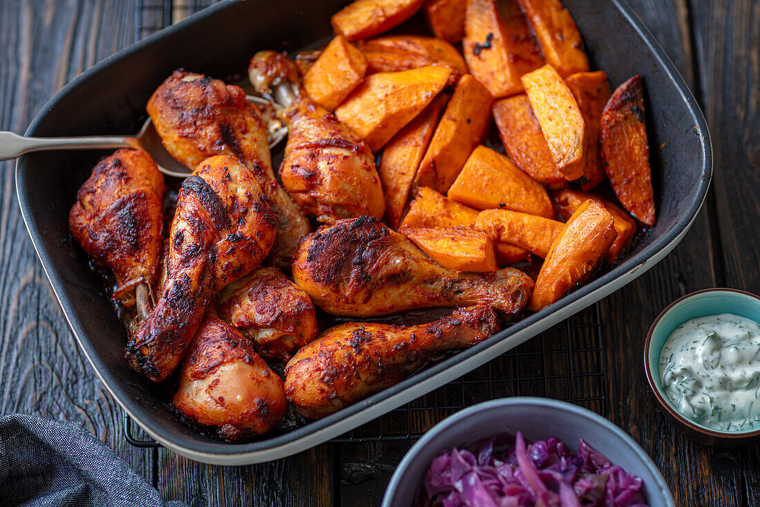 Chicken drumsticks with sweet potatoes, red cabbage and yoghurt sauce