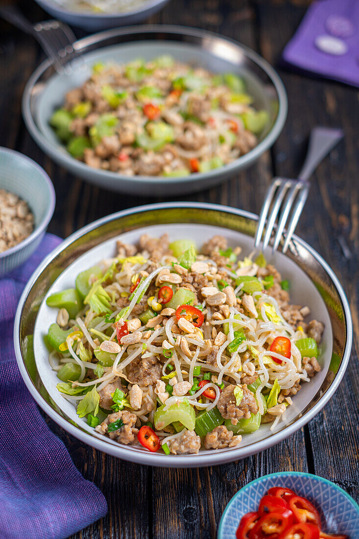 Chicken with tahini, celery and soy noodles