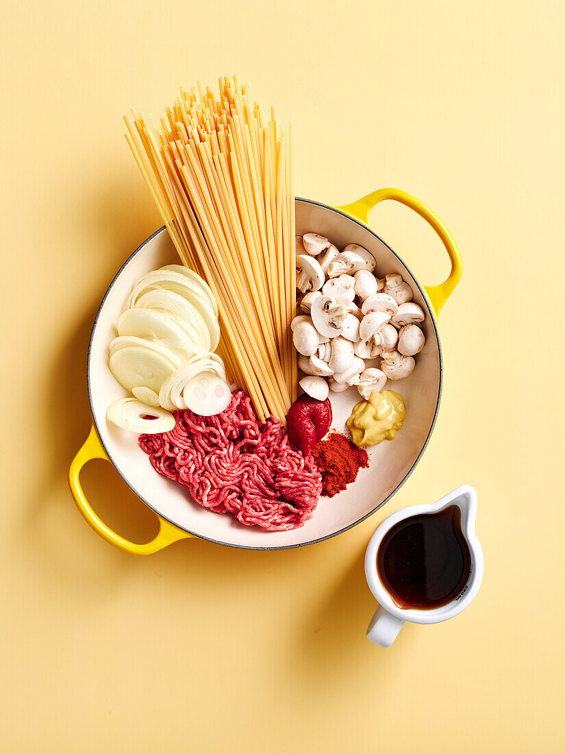 Ingredients for beef and linguine stroganoff