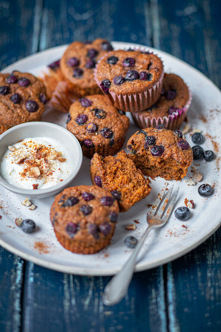 Carrot and spice muffins with blueberries