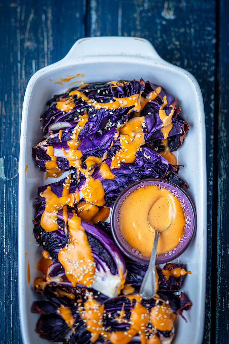 Baked red cabbage with peanut butter dressing