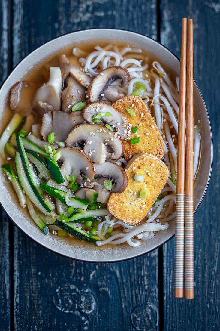 Vegan ramen with tofu and mushrooms