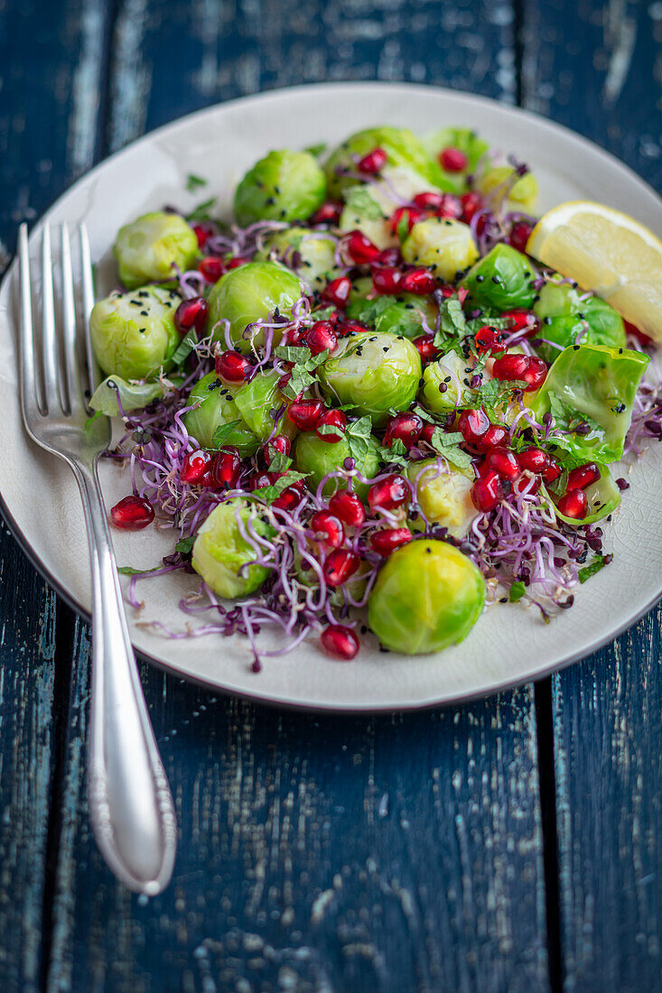 Brussels sprout salad with pomegranate seeds and sprouts