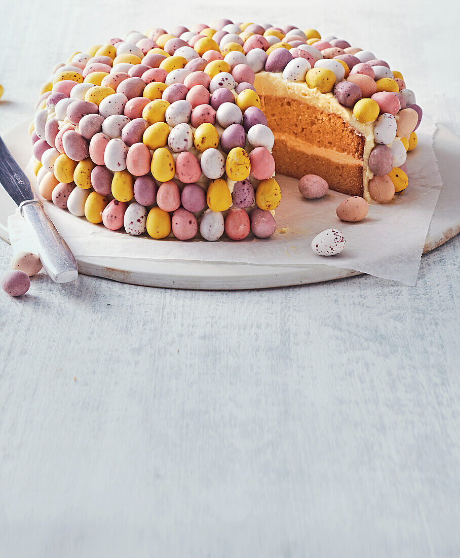 Easter cake with colourful dragee eggs