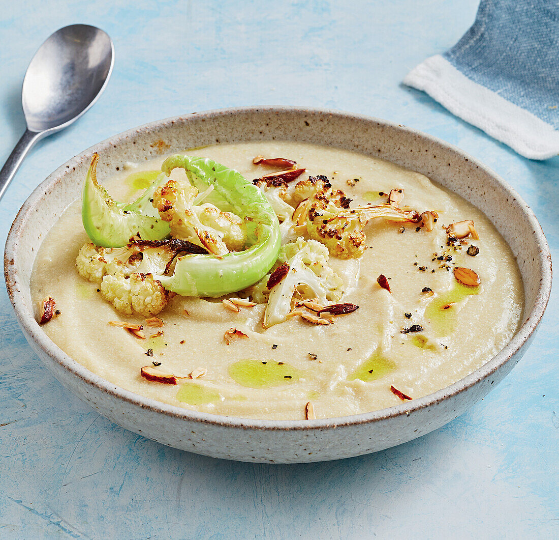 Creamy cauliflower miso soup with roasted almonds