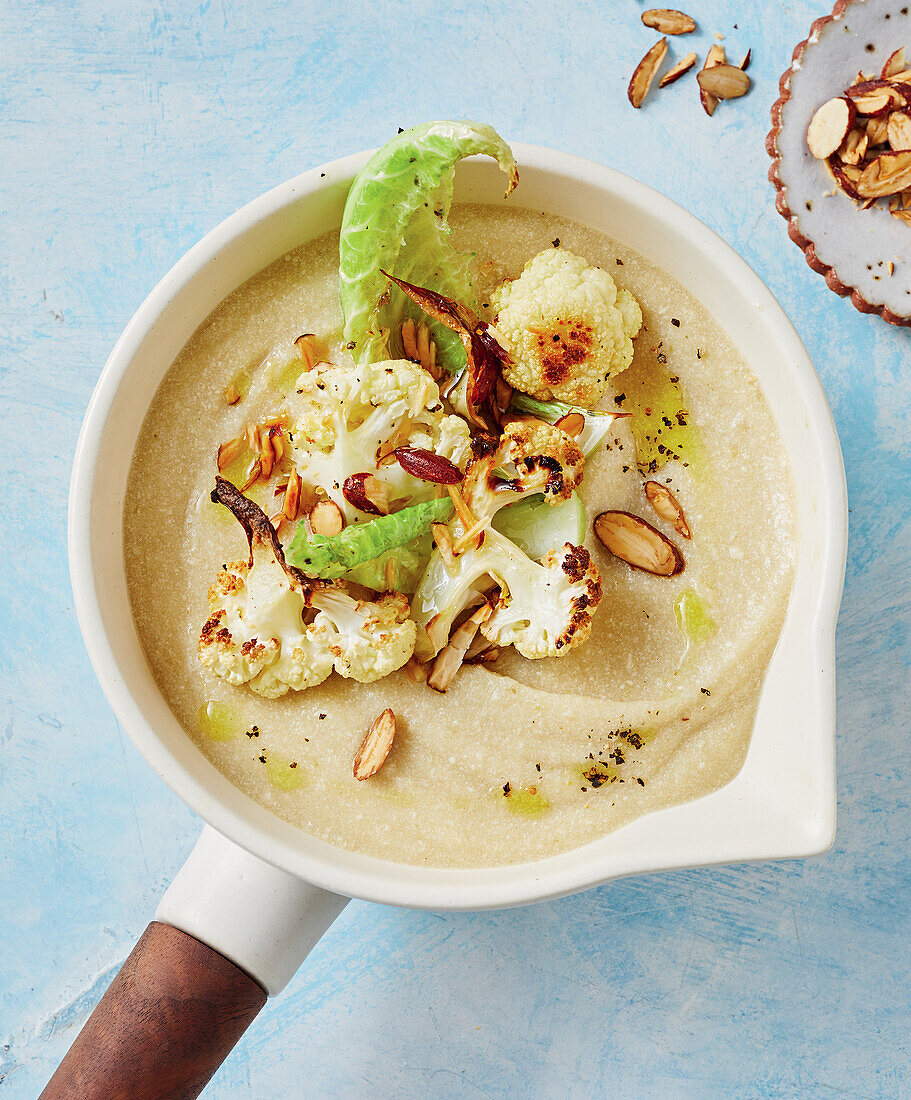 Creamy cauliflower miso soup with roasted almonds