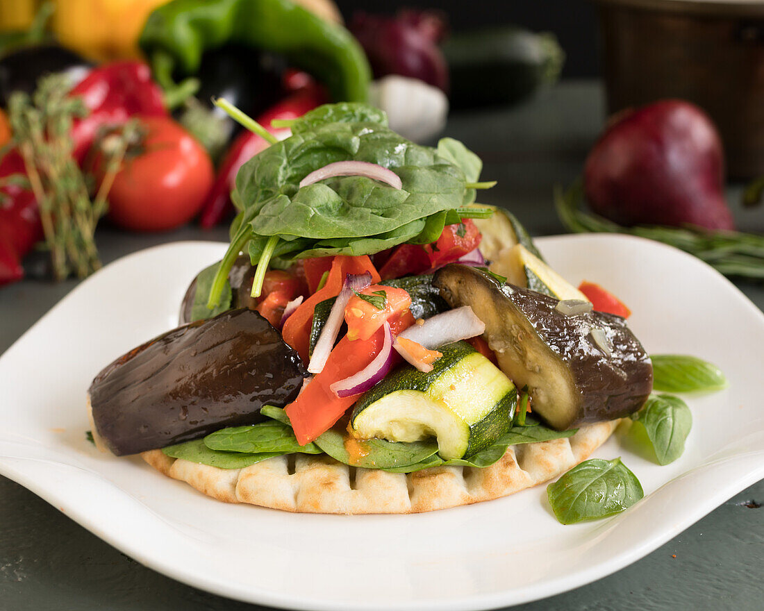 Pita with grilled vegetables and spinach