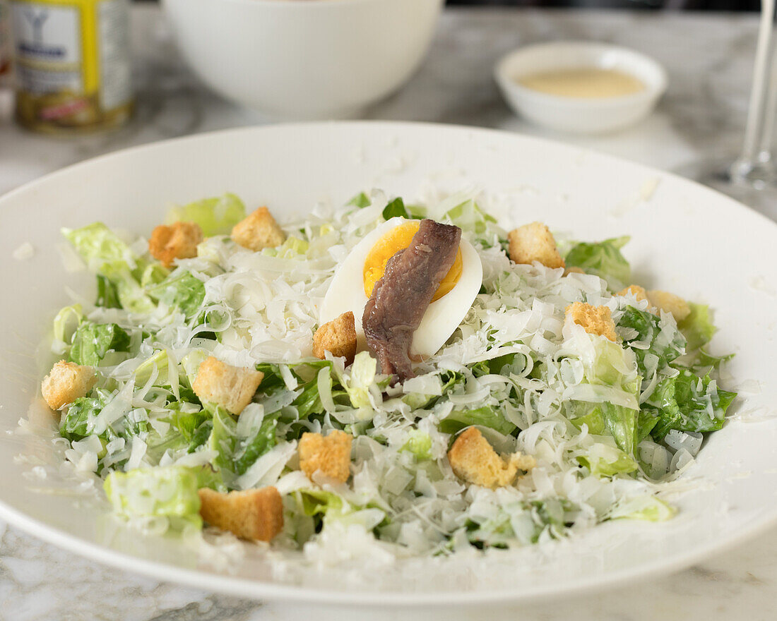 Caesar salad with anchovies and croutons