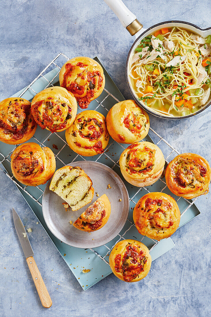 Pizza buns and chicken noodle soup