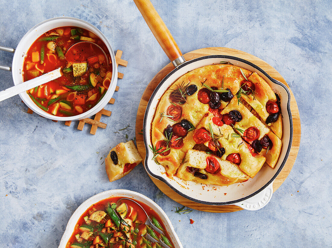 Mashed potato focaccia and red minestrone