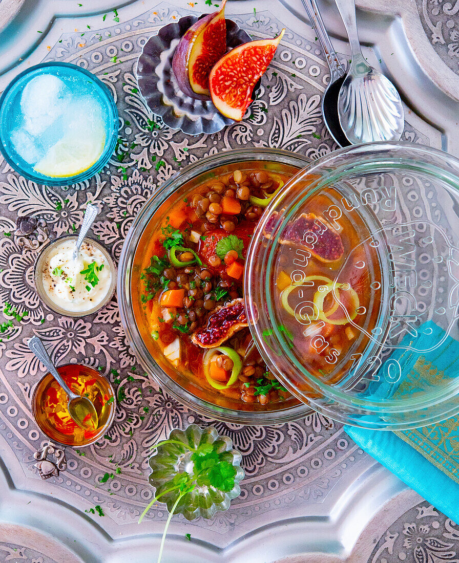 Arabic lentil soup with figs and herbs