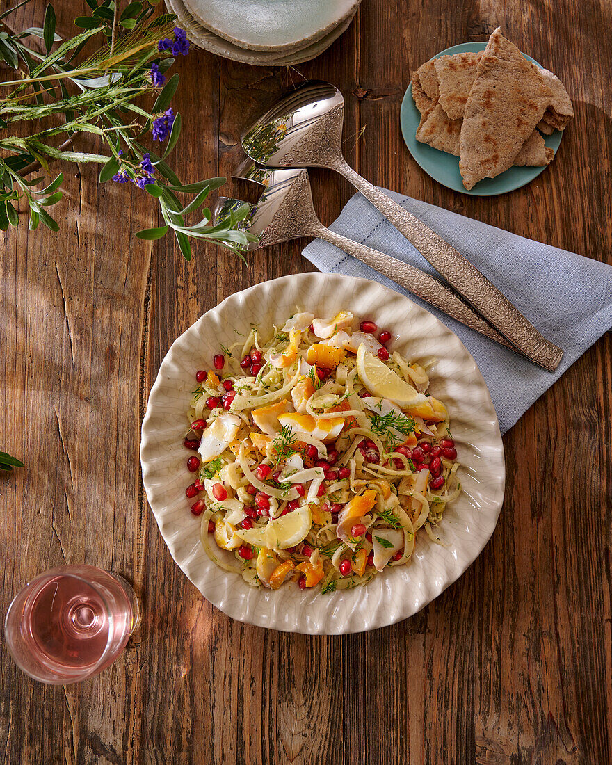 Fennel salad with smoked fish and pomegranate seeds