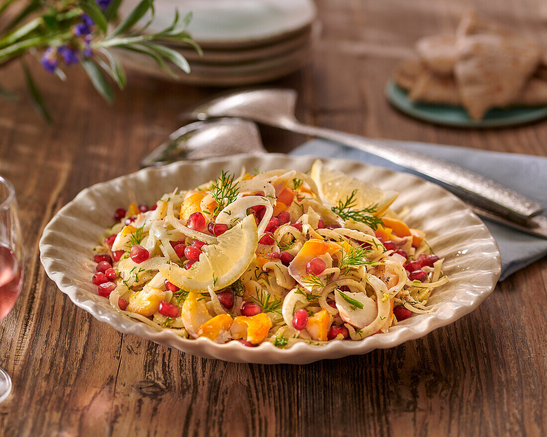 Fennel salad with smoked fish and pomegranate seeds