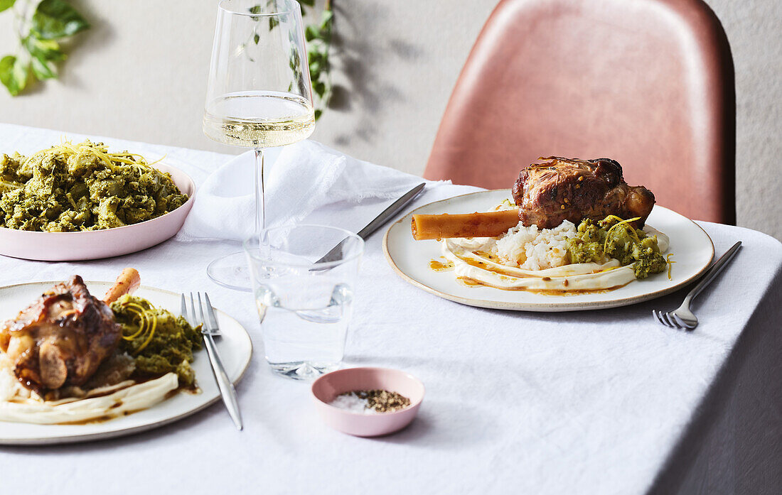 Slow-cooked leg of lamb with broccoli stems and rice