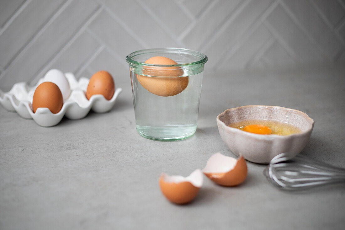 Shelf life test - checking eggs in a glass of water