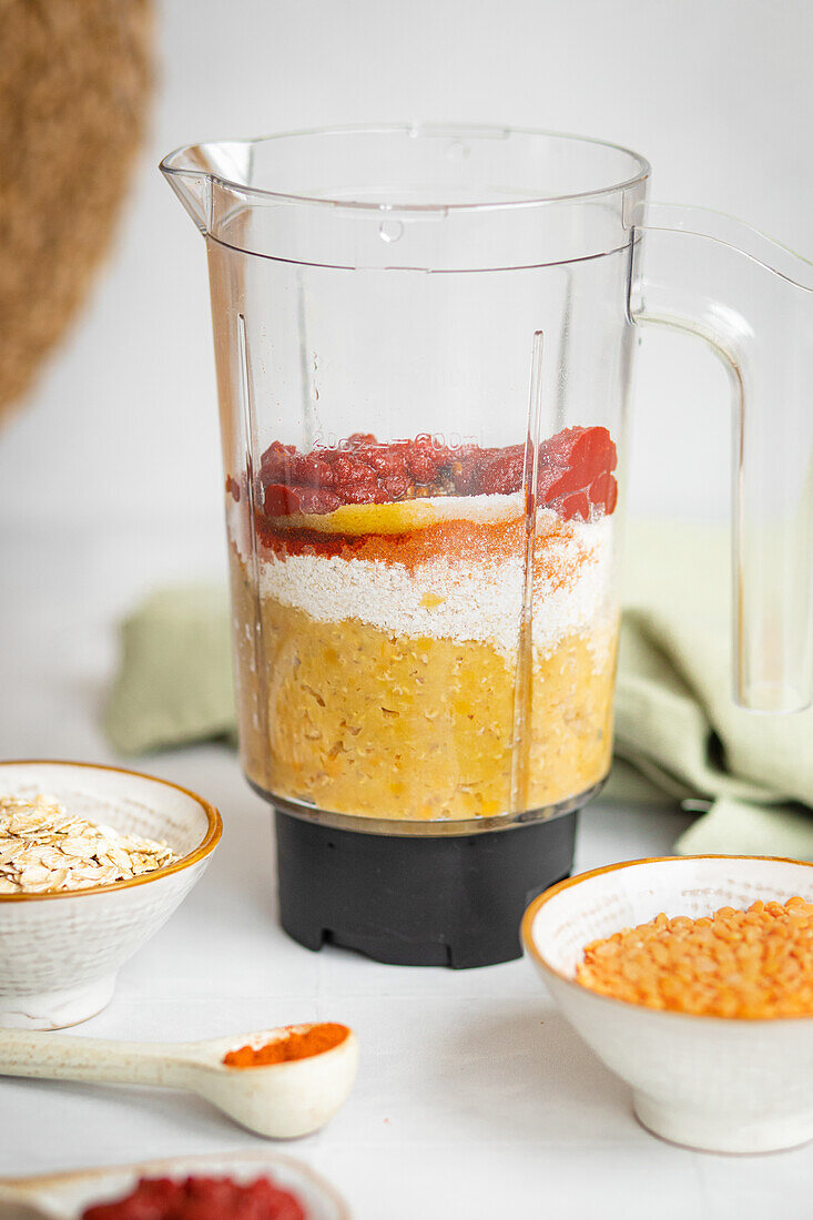 Ingredients for vegan lentil and oat burgers in the blender