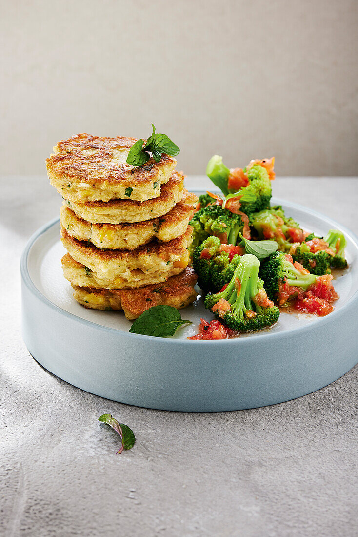 Kichererbsenpuffer mit Brokkolisalat