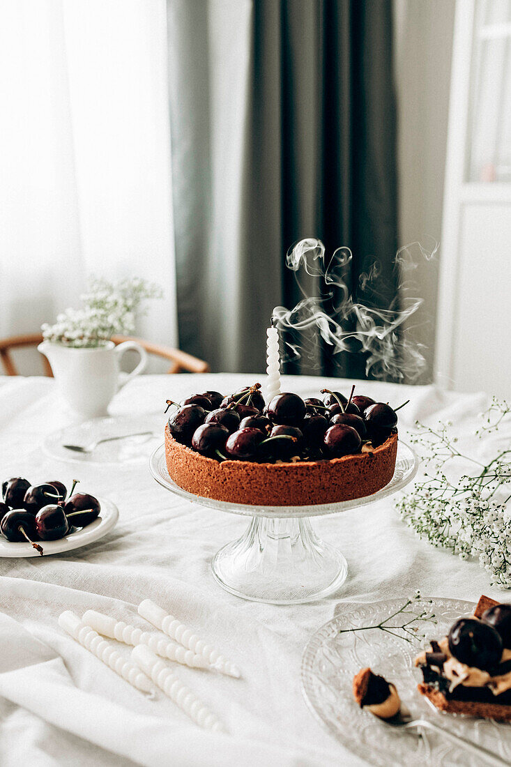 Chocolate cake with fresh cherries