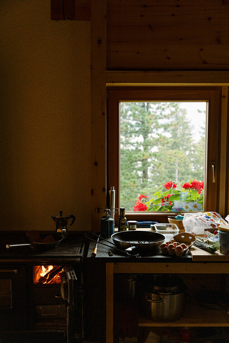 Preparing breakfast in a rustic kitchen