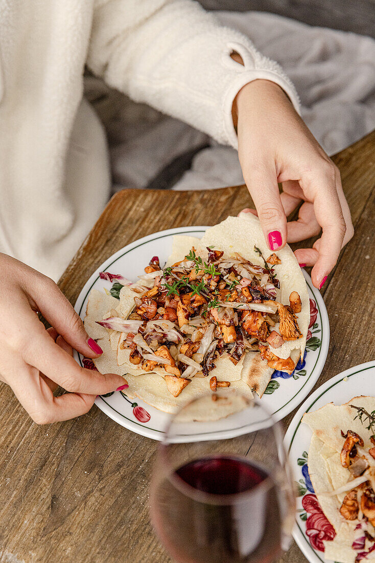 Chicken tacos with mushrooms and fresh herbs