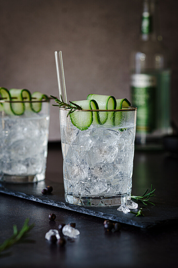 Gin and tonic with cucumber and rosemary